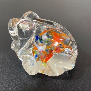 Vintage Clear Art Glass Bull Frog Colorful Swirl Paperweight Figurine Taiwan